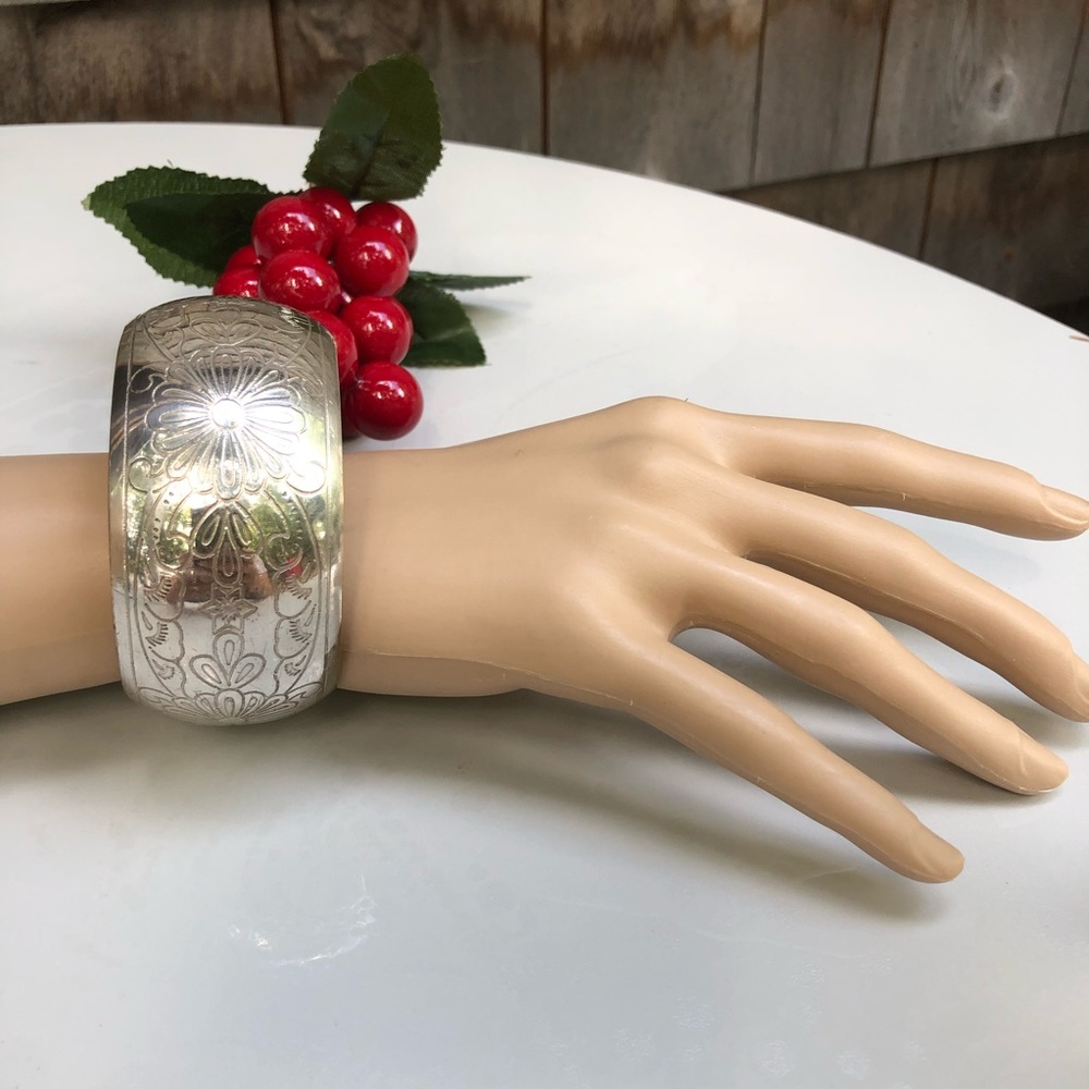 Large Silver Bangle Bracelet Engraved - image 1
